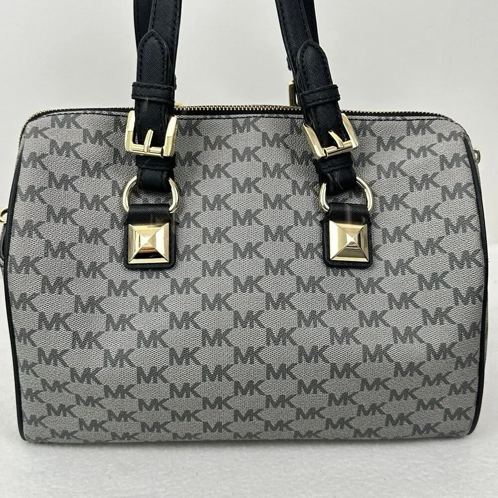 Michael Kors Grayson Large Satchel MK Signature Gray Black with Gold Hardware